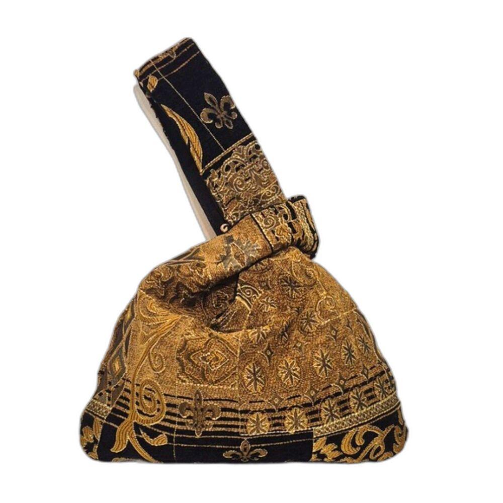 Knot Bag Clutch Cosmetic Handbag Reversible Gold Black embroidered Fleur De Lis